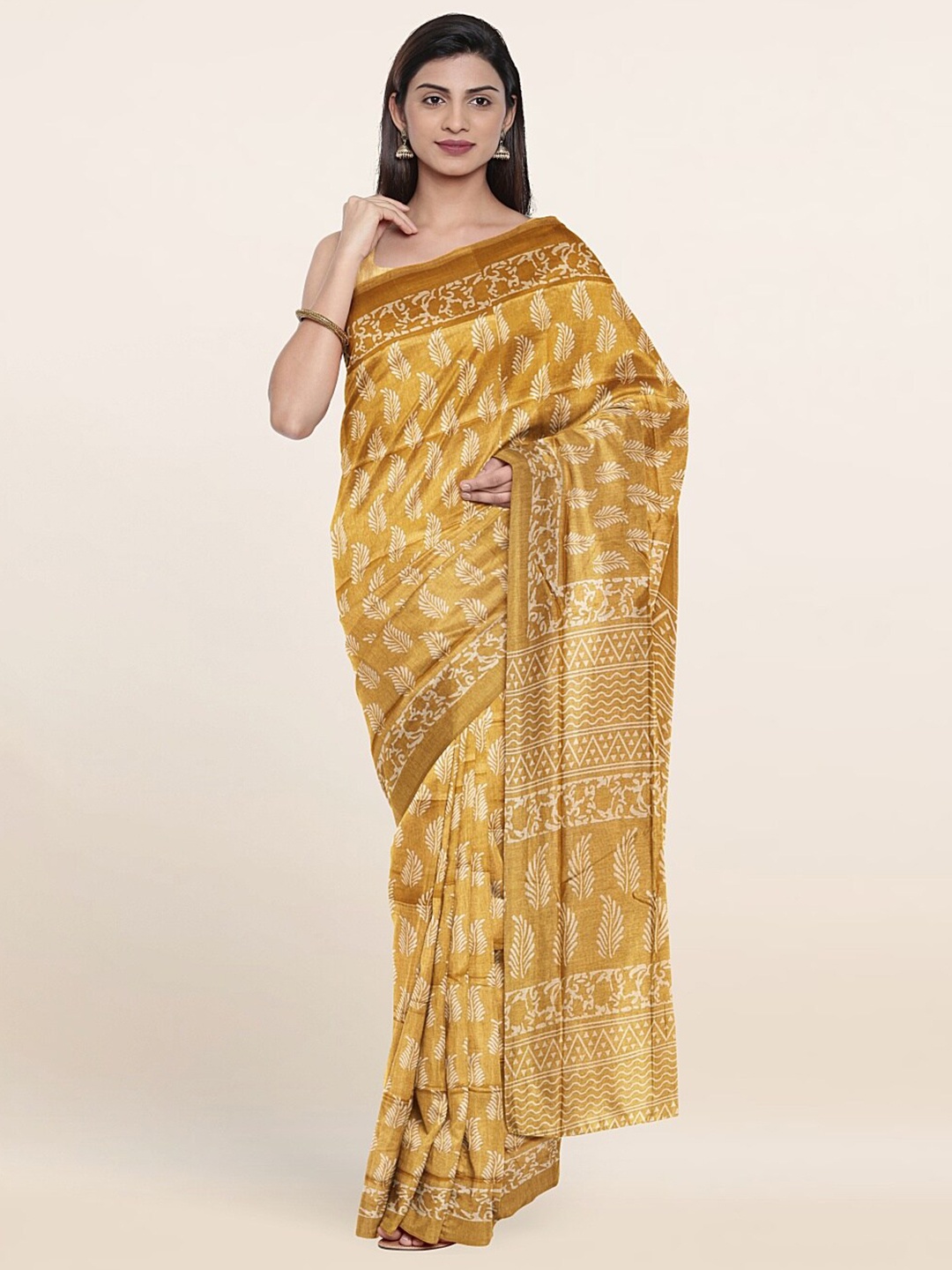 

Pothys Mustard & Cream-Coloured Floral Printed Saree