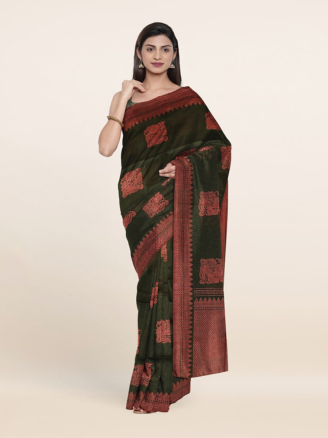 

Pothys Green & Copper-Toned Floral Printed Saree