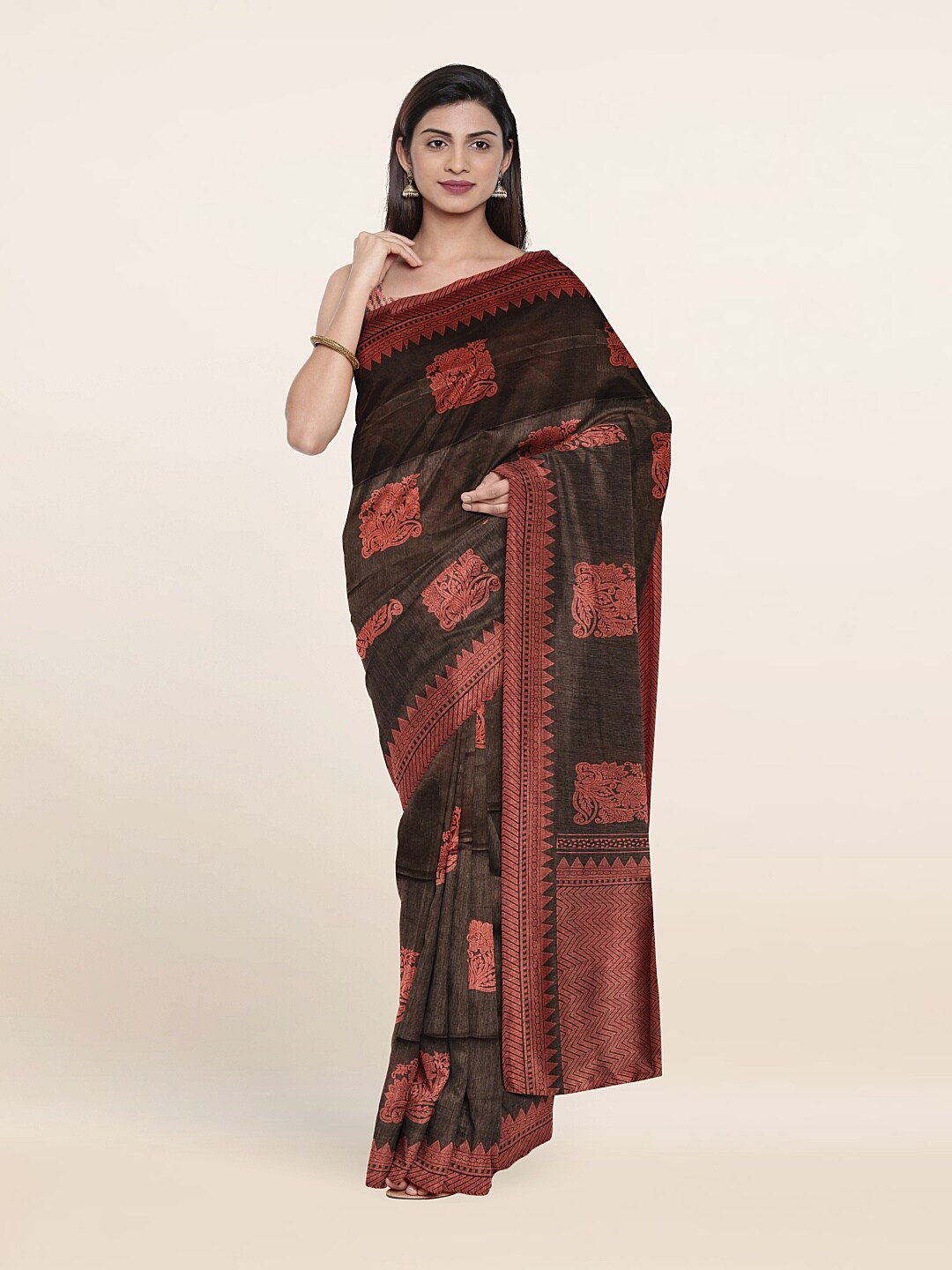 

Pothys Grey & Copper-Toned Floral Printed Saree