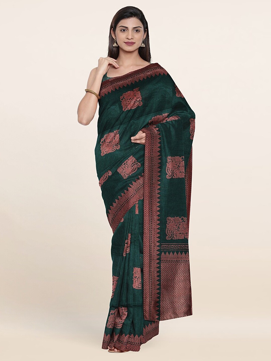 

Pothys Green & Copper-Toned Ethnic Motifs Printed Zari Saree