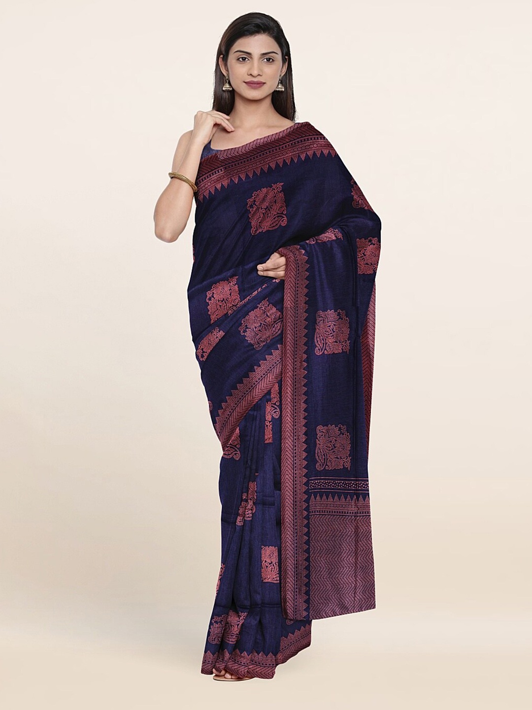 

Pothys Blue & Copper Ethnic Motifs Printed Saree