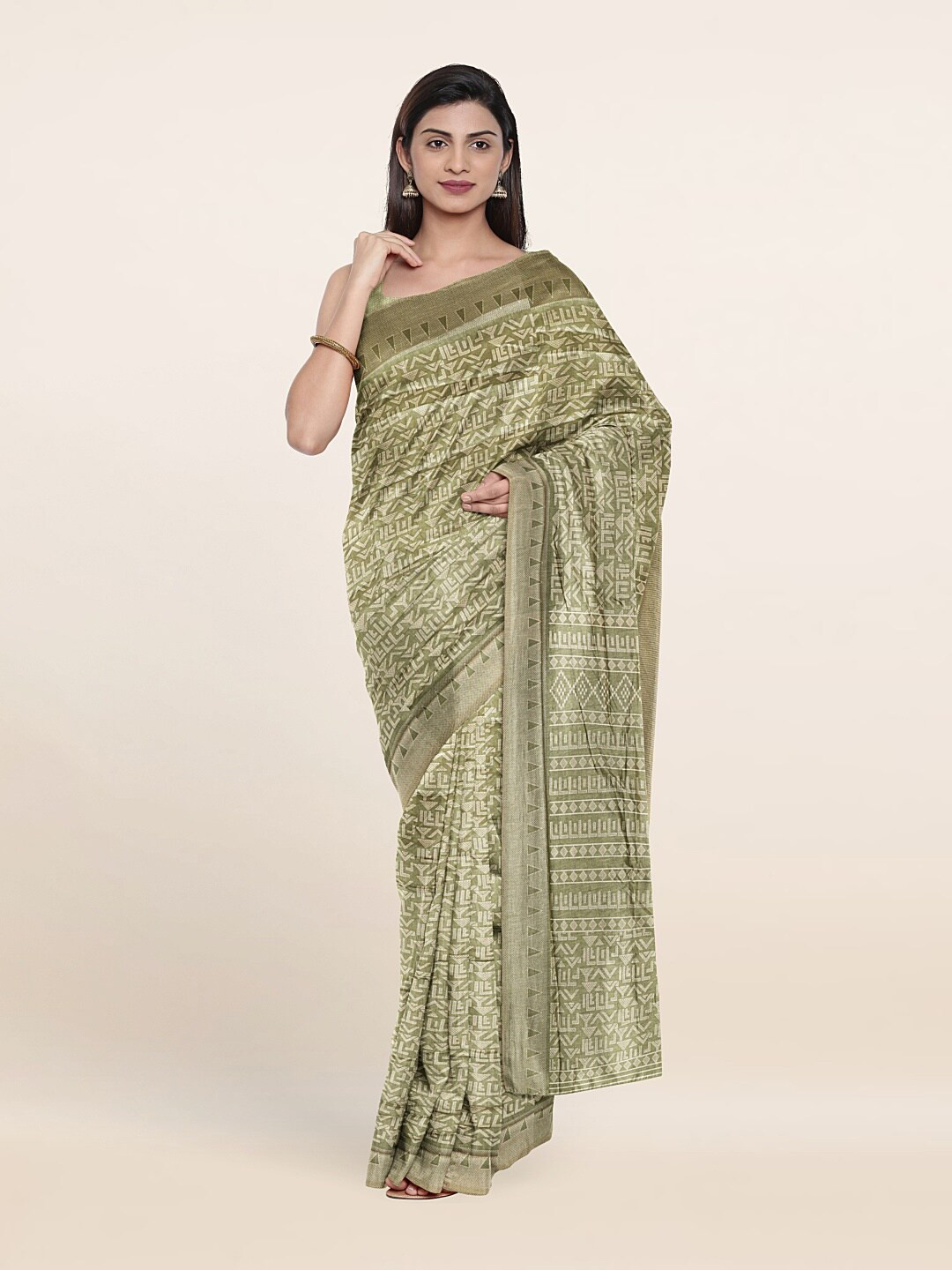 

Pothys Green & Off White Geometric Printed Saree