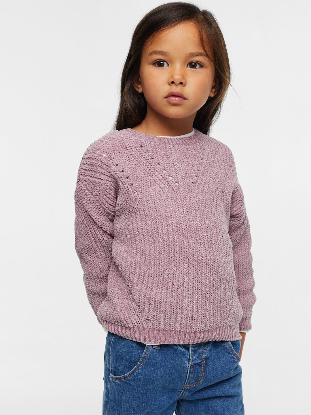 

Mango Kids Girls Mauve Cable Knit & Open Knit Pullover