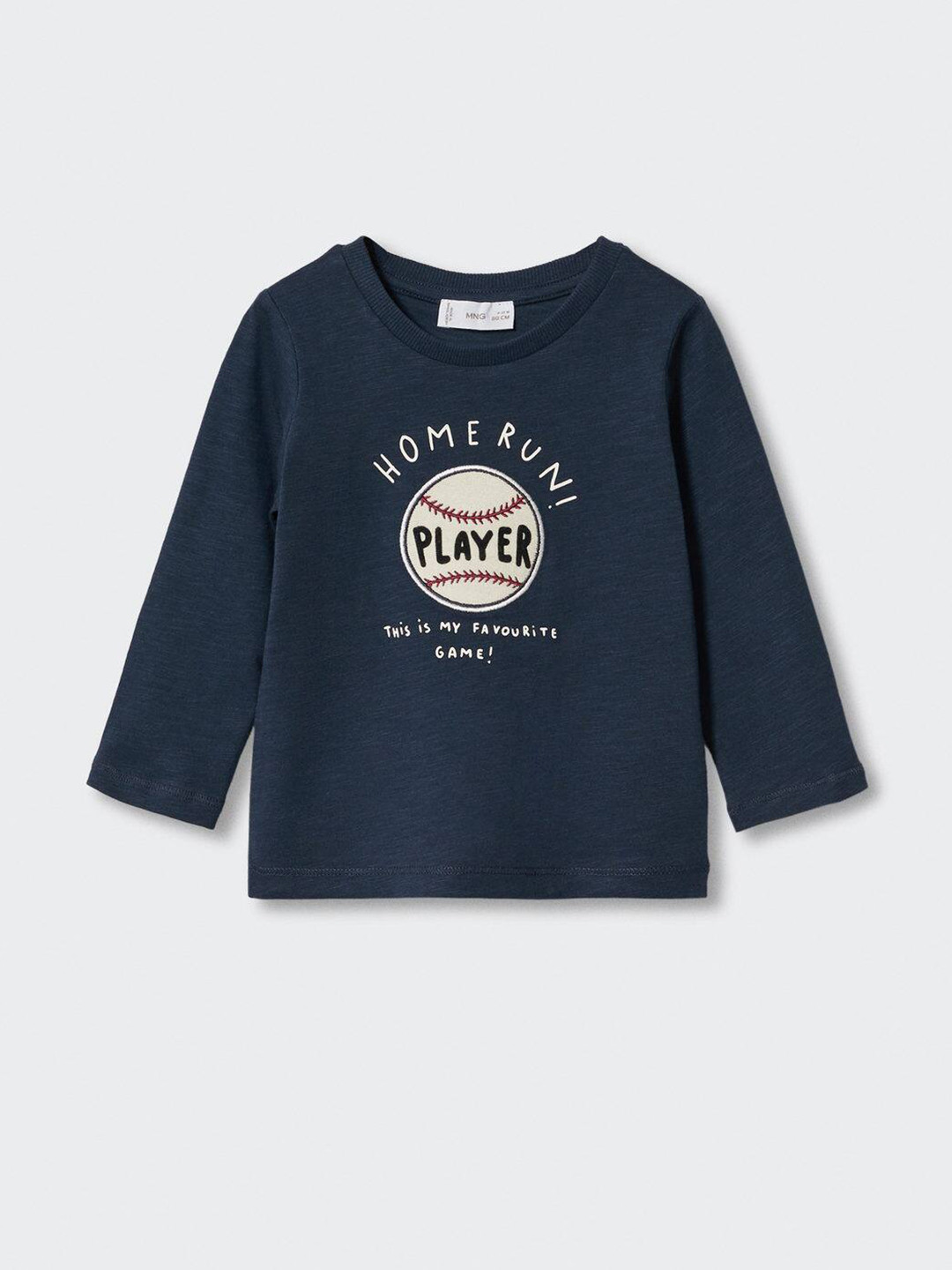 

Mango Kids Boys Navy Blue & Beige Pure Cotton Typography Printed Applique T-shirt