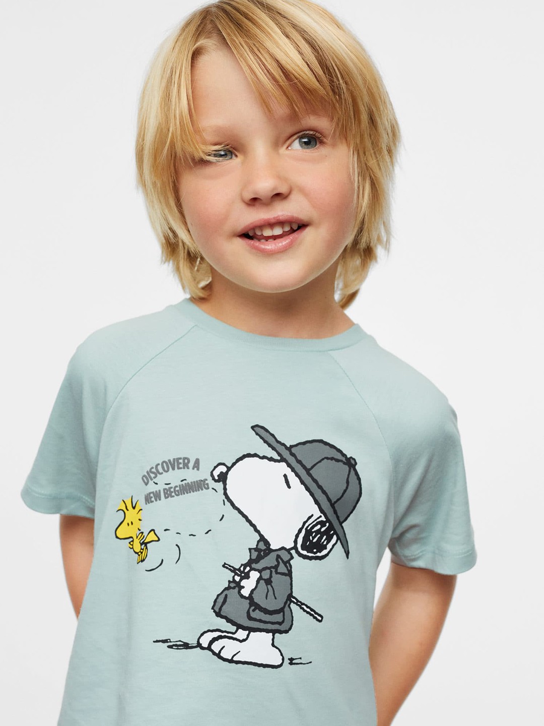 

Mango Kids Boys Mint Green & White Pure Cotton Graphic Printed T-shirt