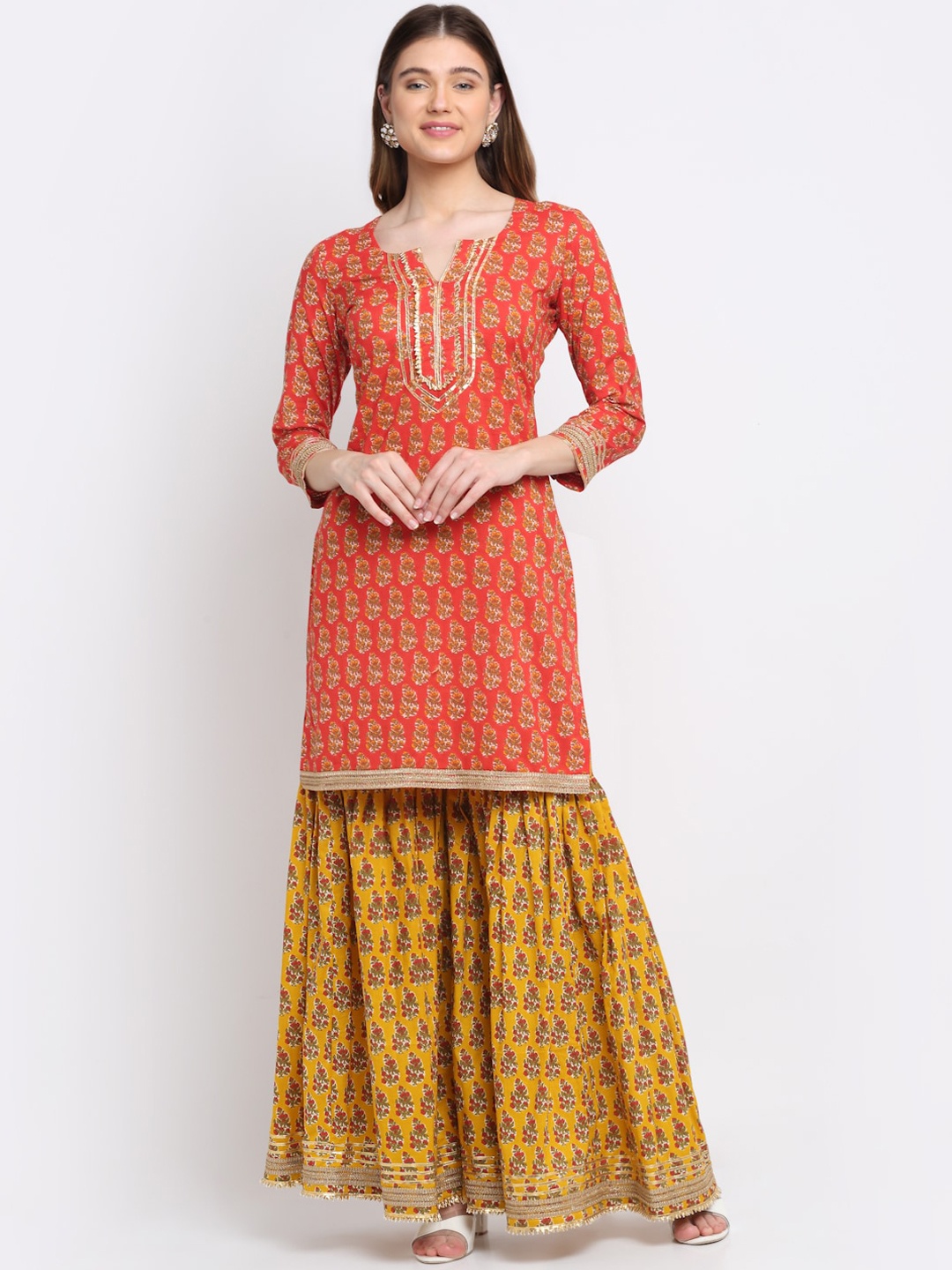 

anokherang Women Red Floral Printed Gotta Patti Pure Cotton Kurta with Sharara & Dupatta