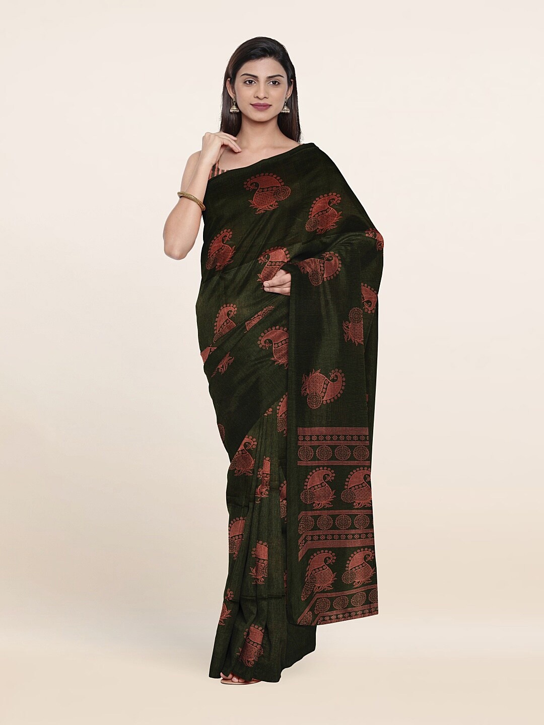 

Pothys Green & Copper-Toned Ethnic Motifs Zari Saree