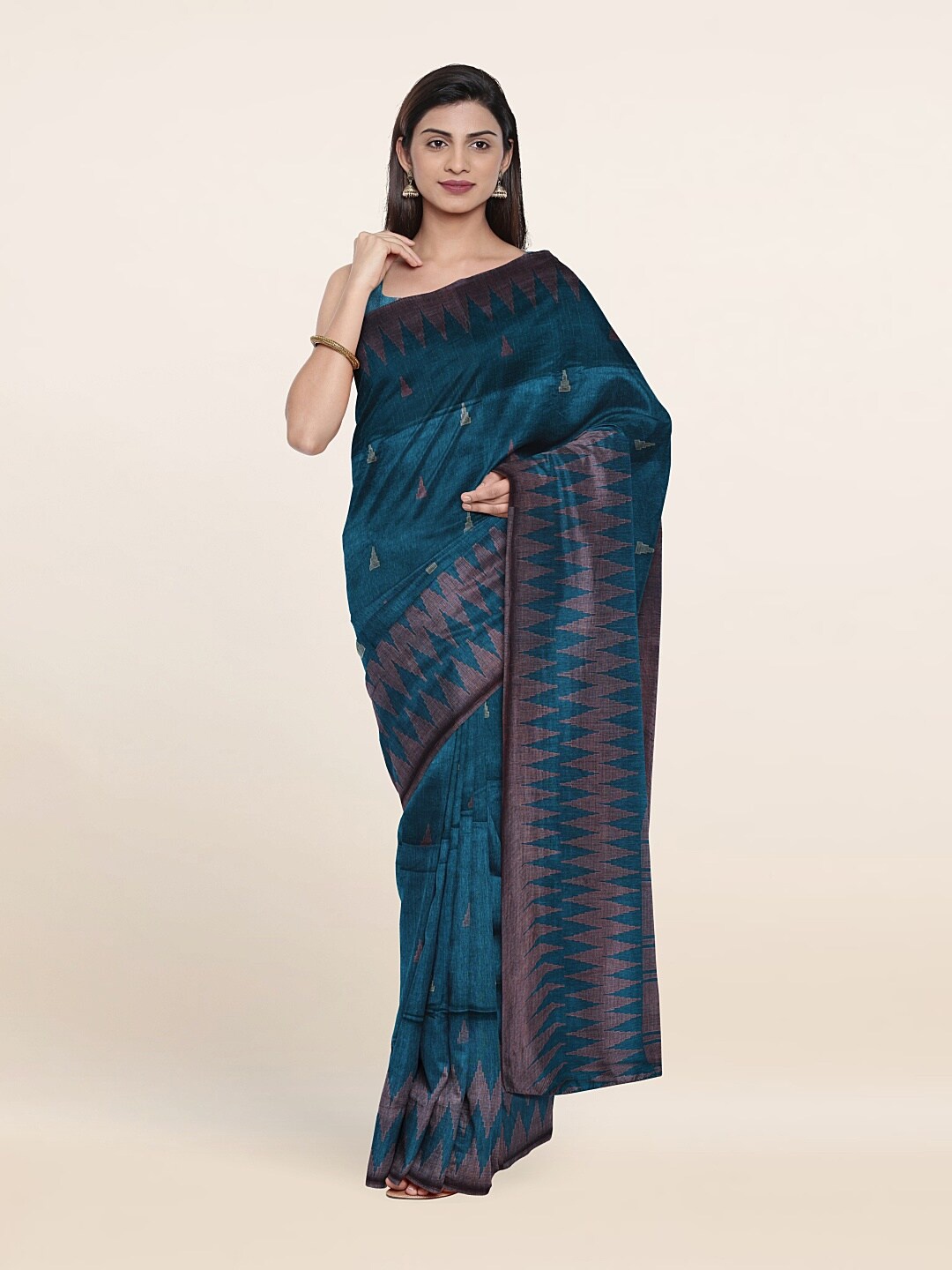 

Pothys Blue & Copper-Toned Geometric Printed Saree