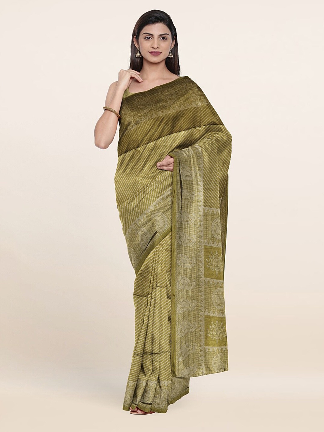 

Pothys Green & Brown Leheriya Printed Saree