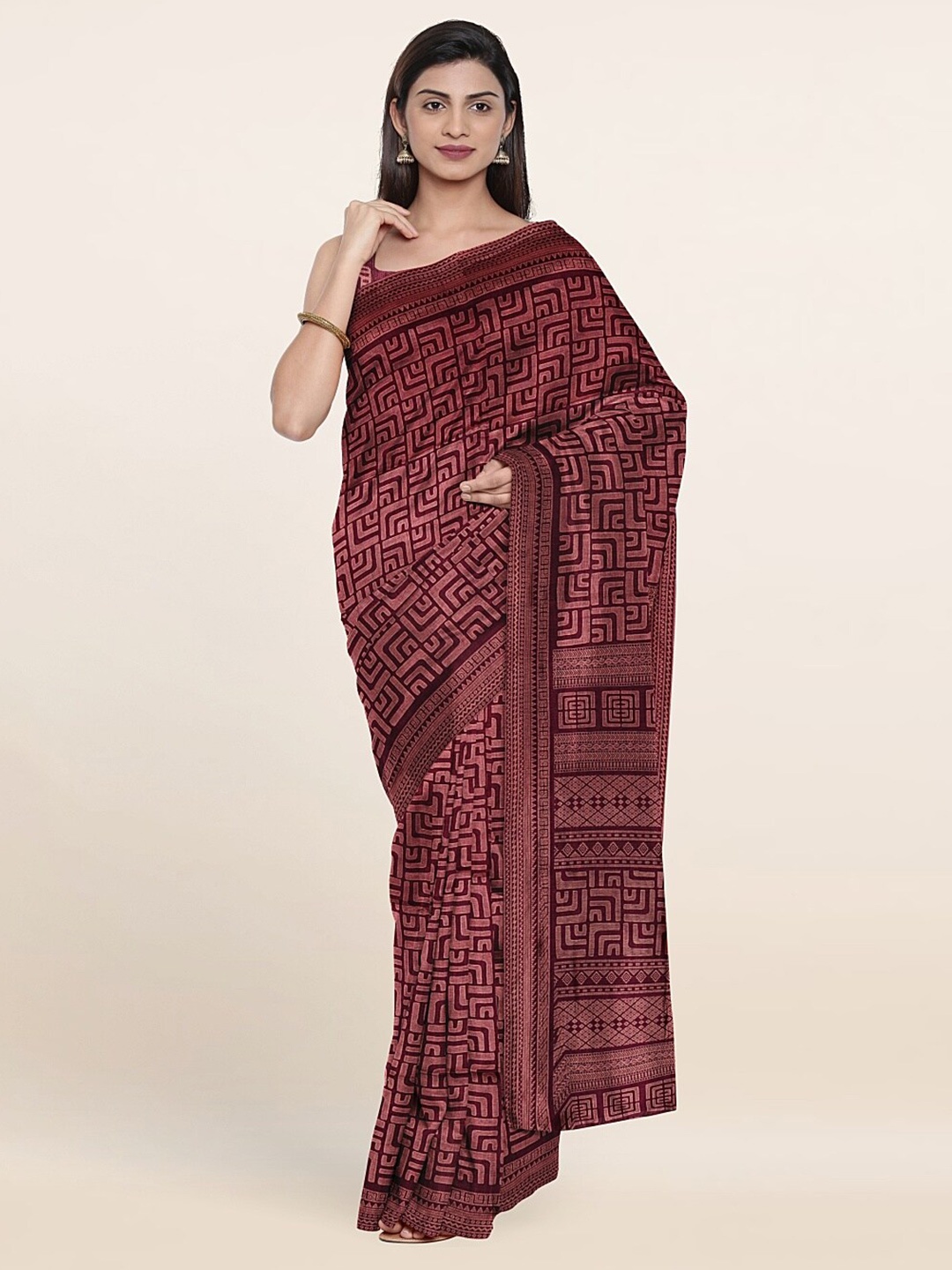 

Pothys Violet Zari Geometric Printed Zari Saree