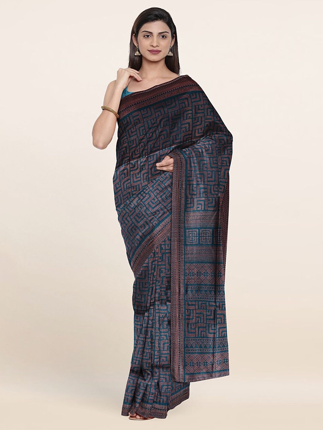 

Pothys Blue & Copper-Toned Geometric Printed Zari Saree