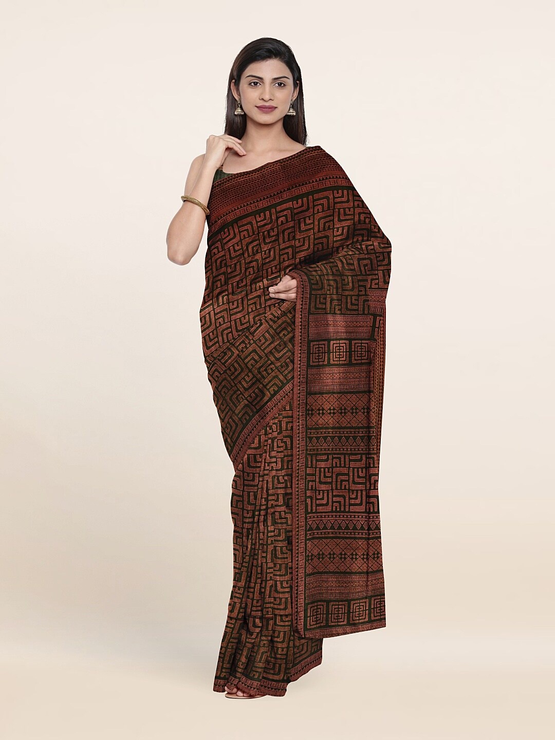 

Pothys Green & Brown Geometric Printed Saree