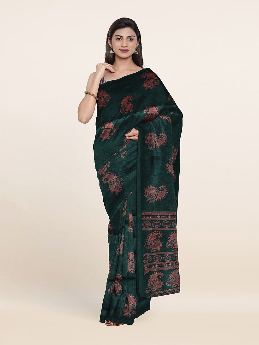 

Pothys Green & Copper-Toned Paisley Printed Zari Saree
