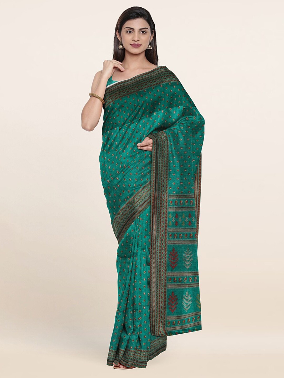 

Pothys Green & Red Floral Printed Saree