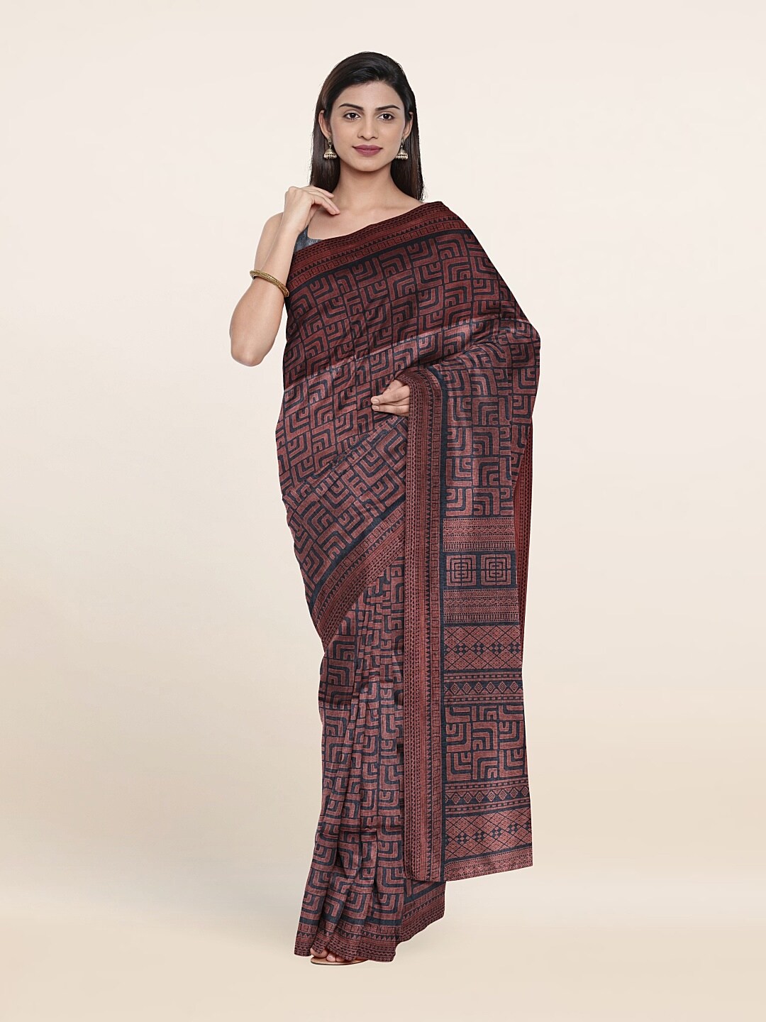 

Pothys Grey & Copper Geometric Printed Zari Saree