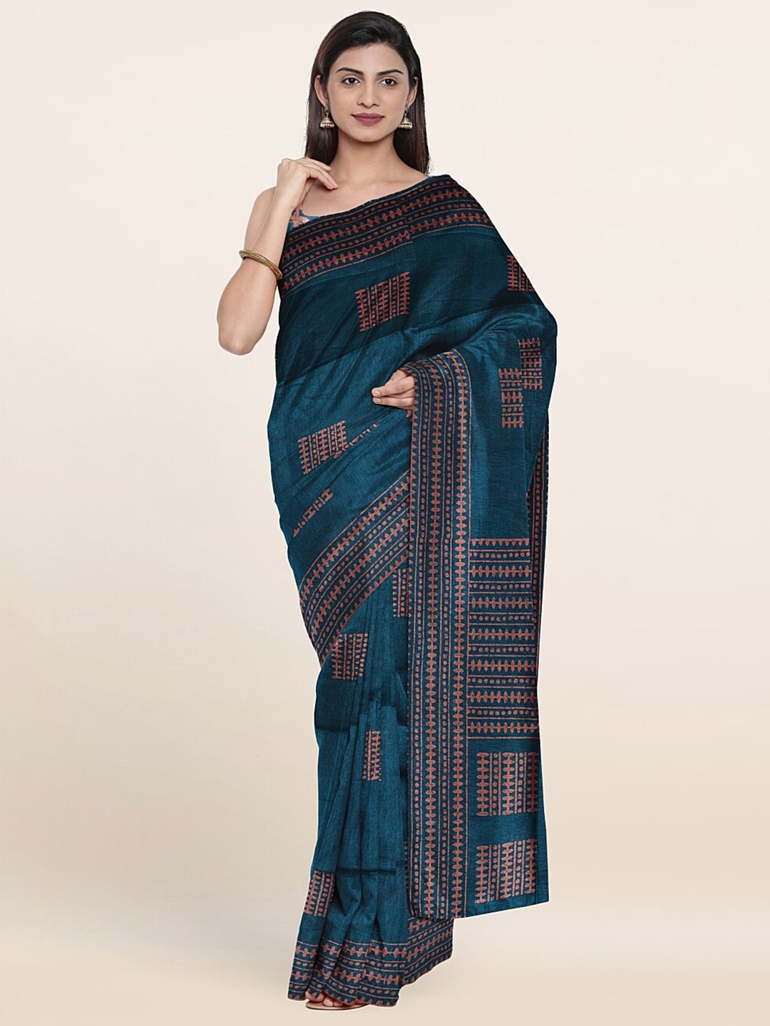 

Pothys Blue & Copper-Toned Ethnic Motifs Printed Cotton Blend Saree