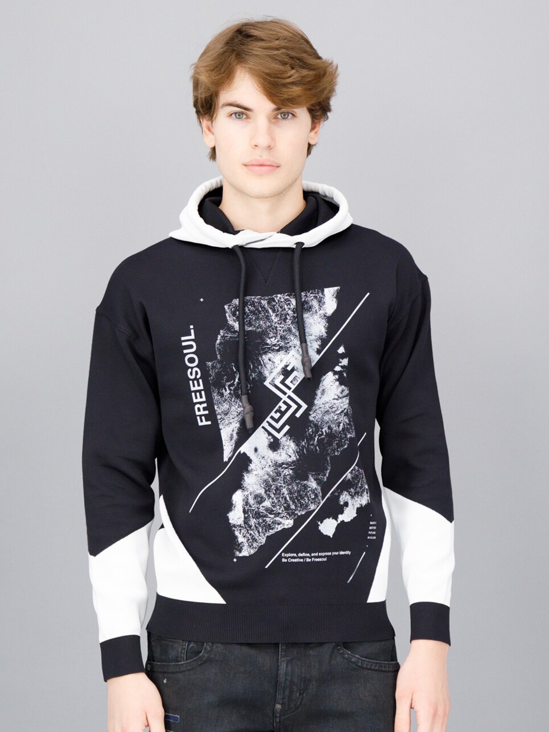 

FREESOUL Men Black Printed Hooded Sweatshirt