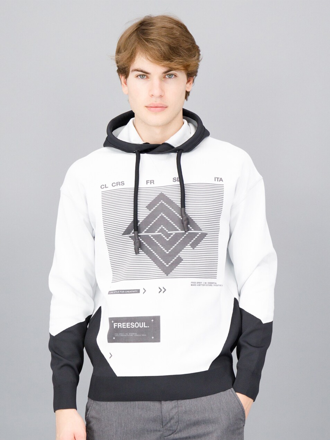 

FREESOUL Men White Printed Hooded Sweatshirt