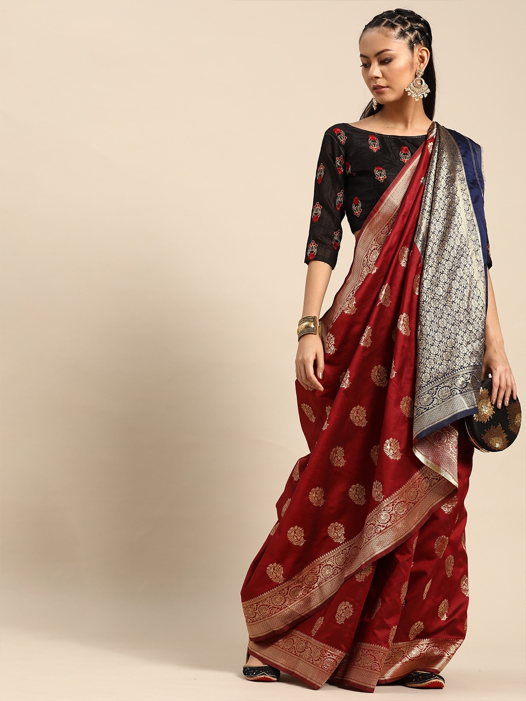 

HERE&NOW Maroon & Blue Woven Design Zari Pure Silk Saree