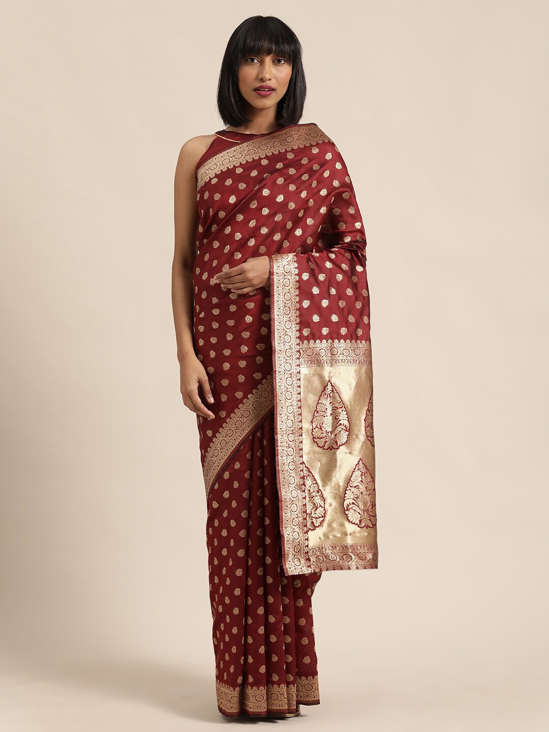 

HERE&NOW Maroon & Gold-Toned Ethnic Motifs Zari Pure Silk Saree