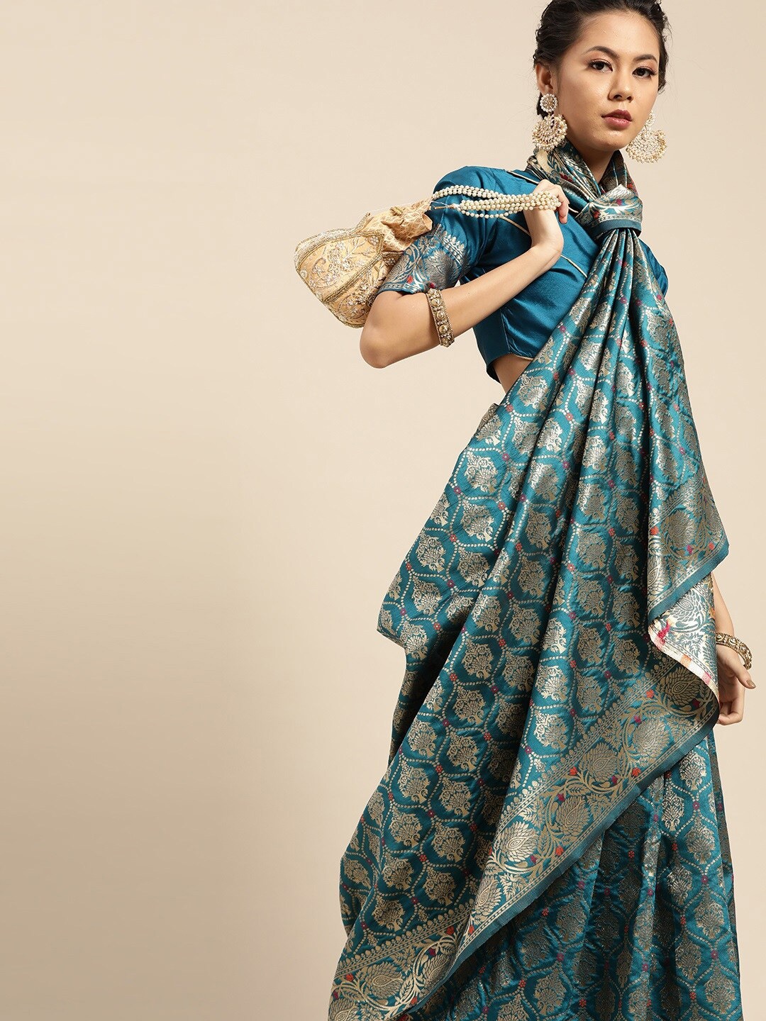 

HERE&NOW Turquoise Blue & Gold-Toned Woven Design Zari Pure Silk Heavy Work Banarasi Saree