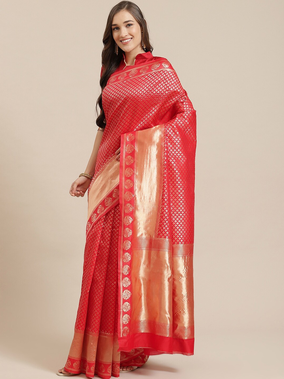 

HERE&NOW Red & Gold-Toned Woven Design Zari Pure Silk Heavy Work Banarasi Saree