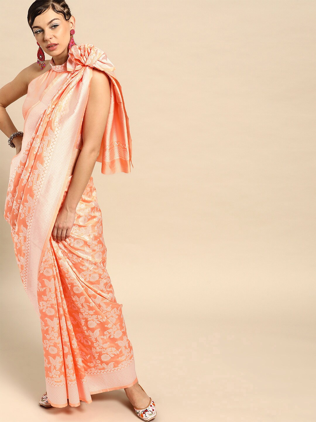 

HERE&NOW Peach-Coloured & Silver-Toned Warli Zari Pure Silk Saree