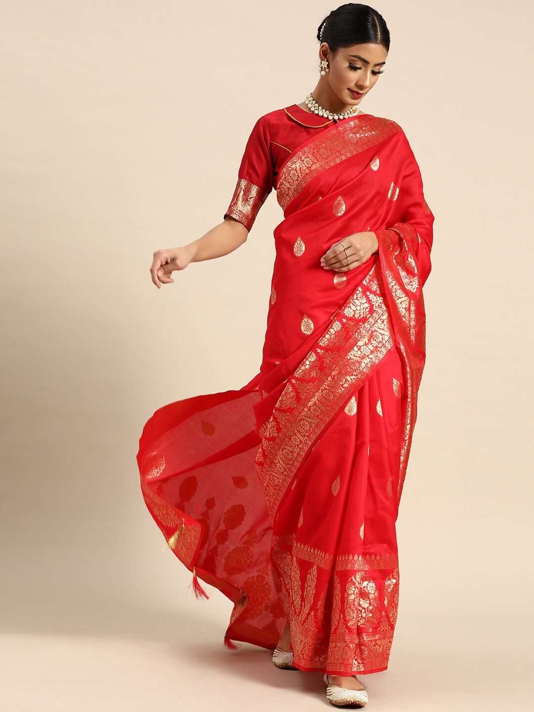 

HERE&NOW Red & Gold-Toned Woven Design Zari Pure Silk Heavy Work Banarasi Saree