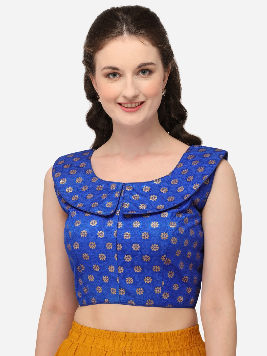 

Fab Viva Blue Woven-Design Jacquard Saree Blouse
