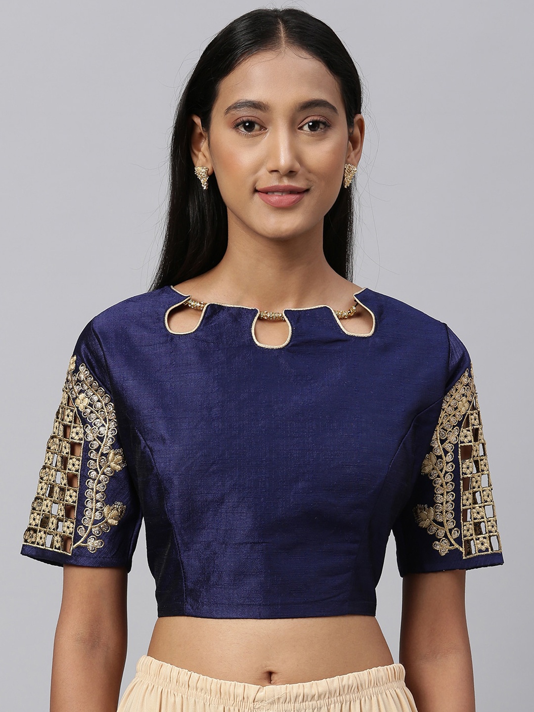 

Fab Viva Women Navy Blue Embroidered Silk Saree Blouse