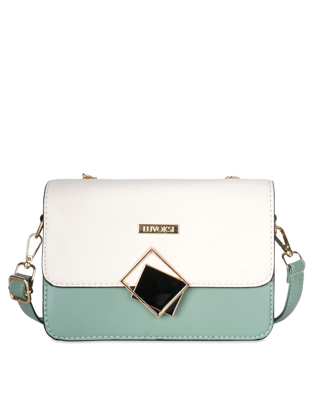 

Luvoksi Women Green And White Colourblocked PU Structured Sling Bag With Applique