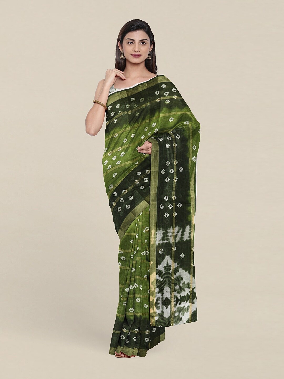 

Pothys Green & White Bandhani Zari Pure Cotton Saree