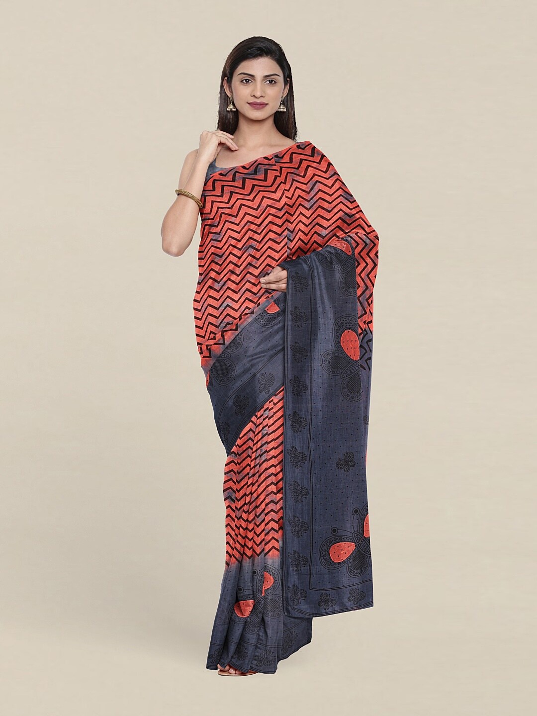 

Pothys Peach-Coloured & Grey Printed Pure Cotton Saree