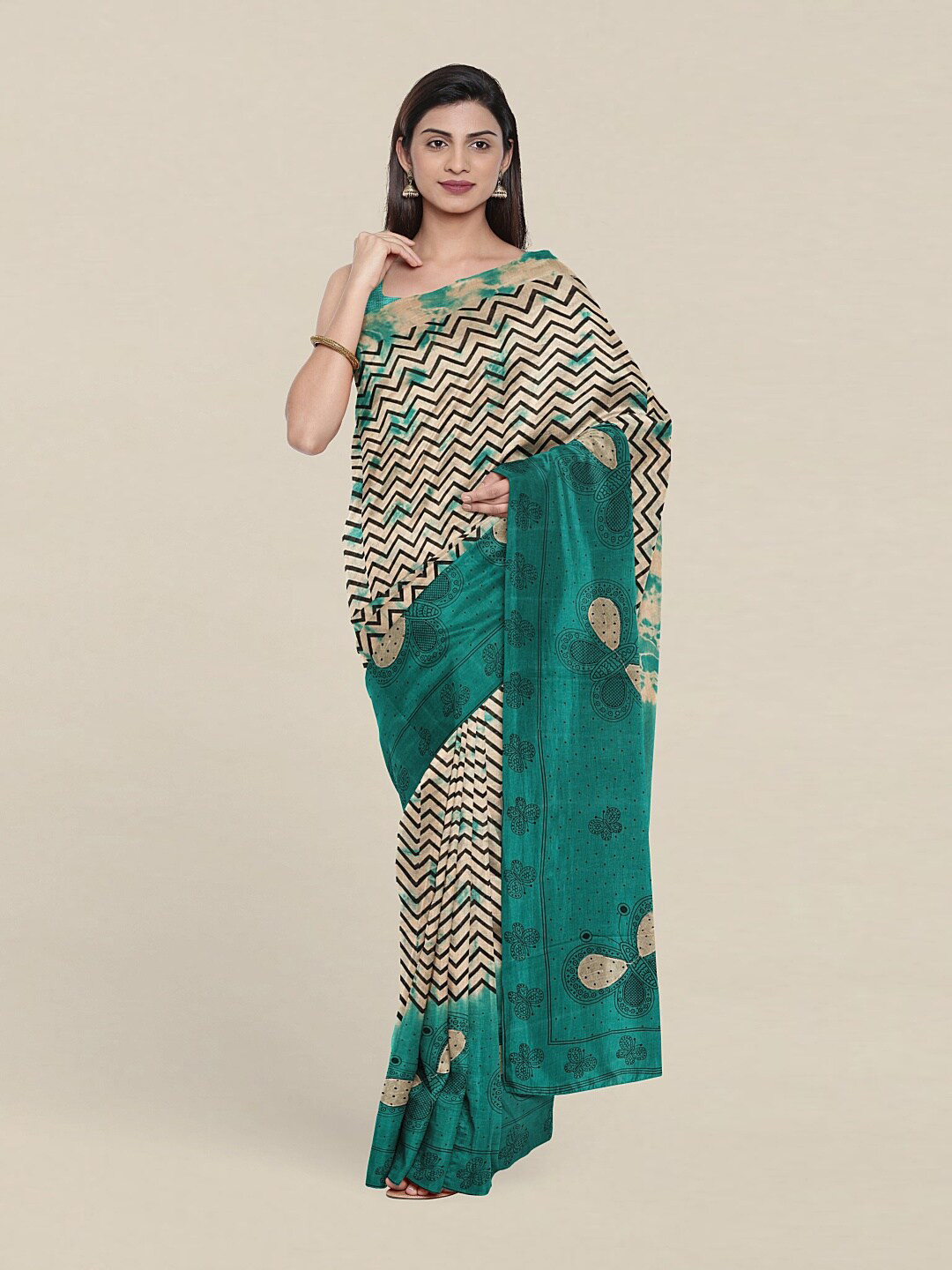 

Pothys Cream-Coloured & Green Printed Pure Cotton Saree