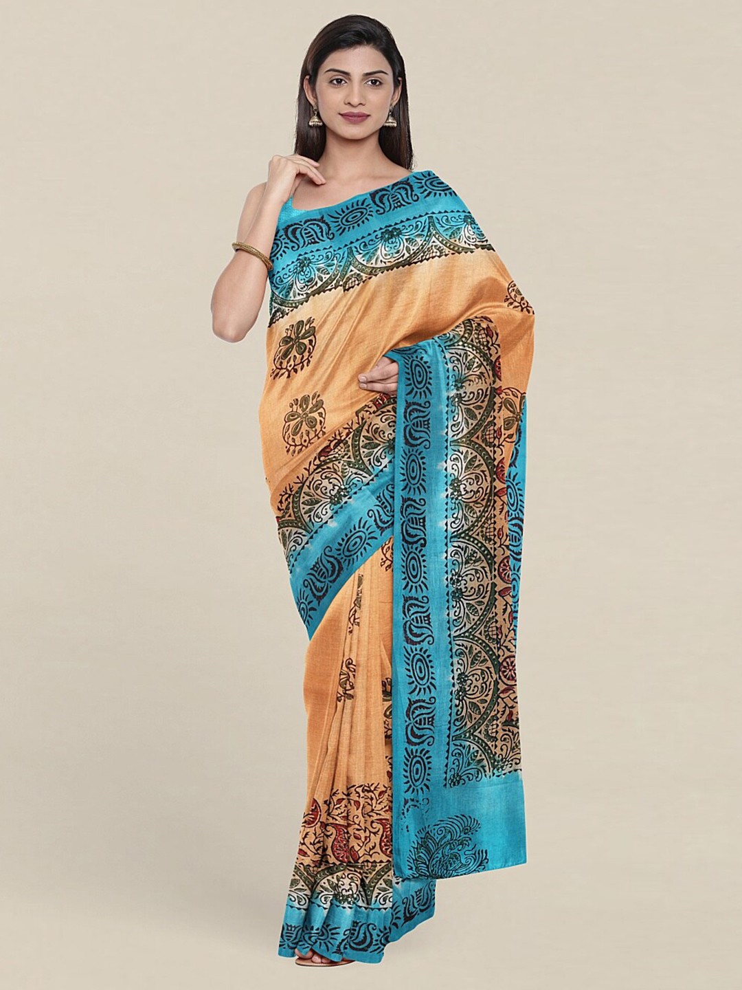 

Pothys Peach-Coloured & Blue Floral Pure Cotton Saree