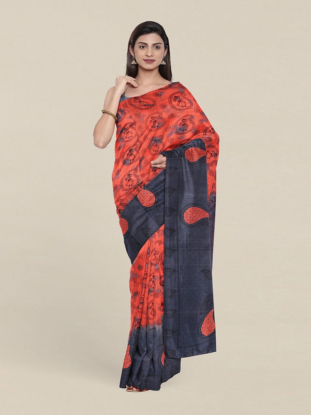 

Pothys Peach-Coloured & Blue Paisley Pure Cotton Saree