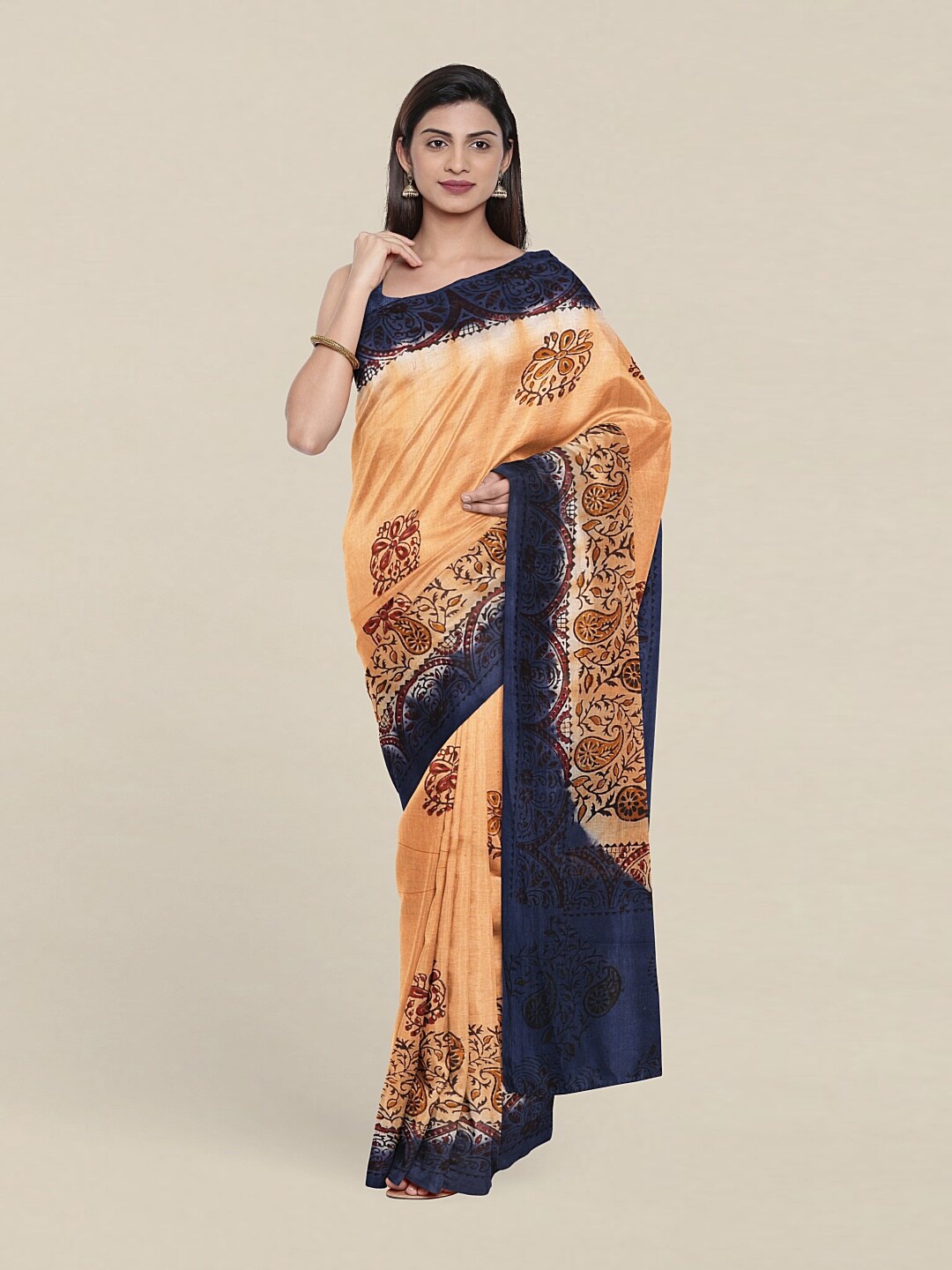 

Pothys Peach-Coloured & Navy Blue Floral Pure Cotton Saree
