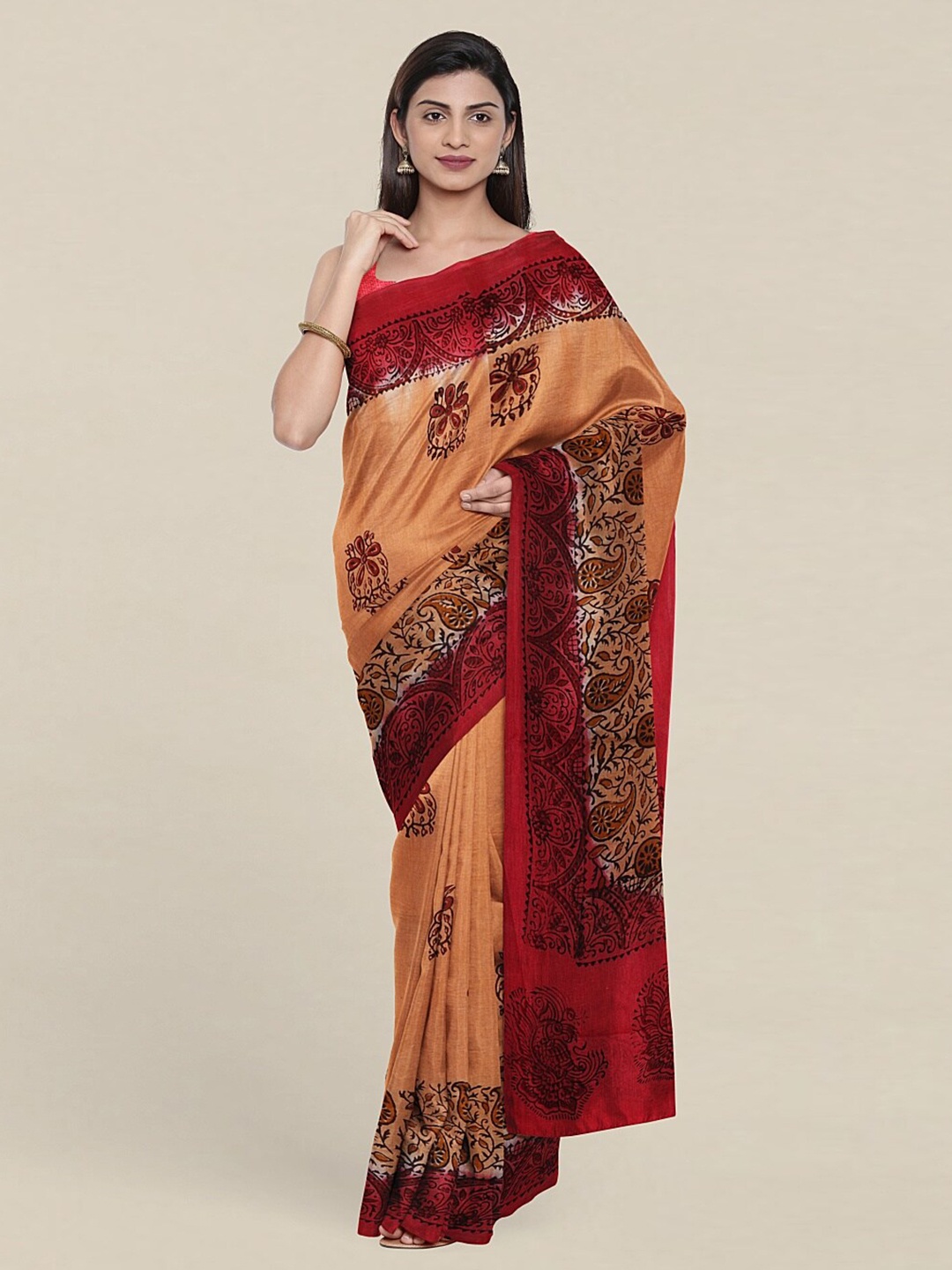

Pothys Peach-Coloured & Red Ethnic Motifs Pure Cotton Saree