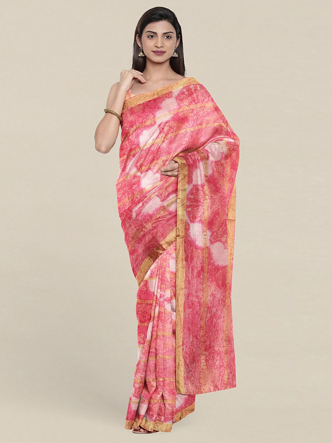 

Pothys Pink & White Zari Abstract Printed Pure Cotton Saree