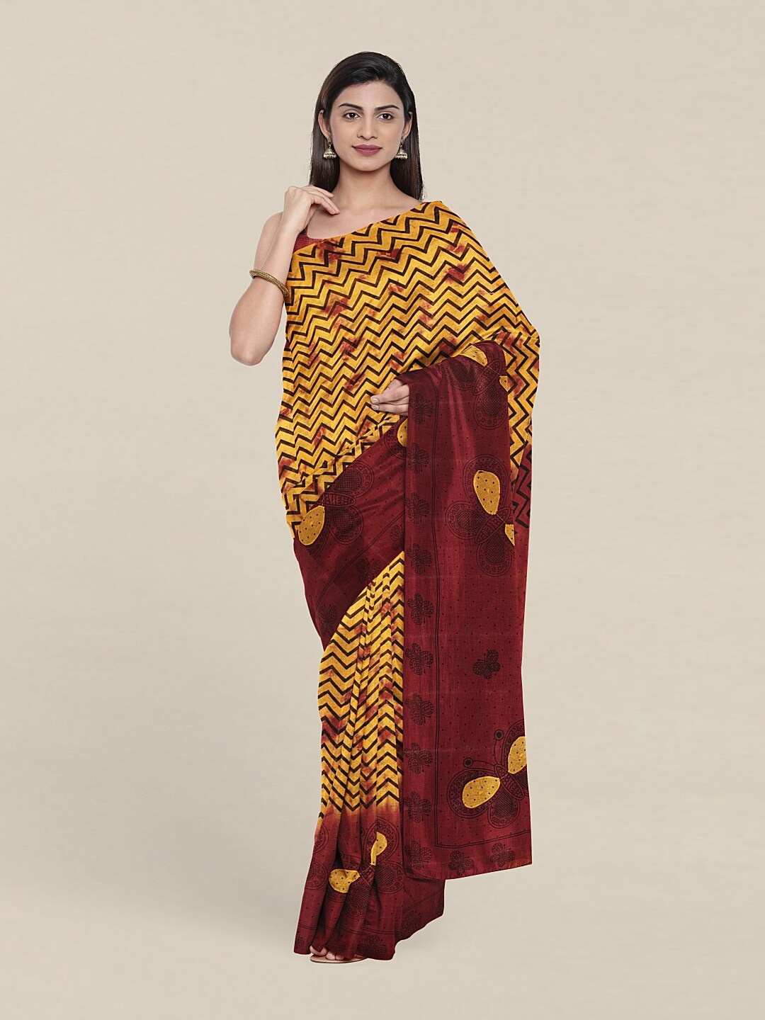 

Pothys Yellow & Maroon Pure Cotton Geometric Printed Saree