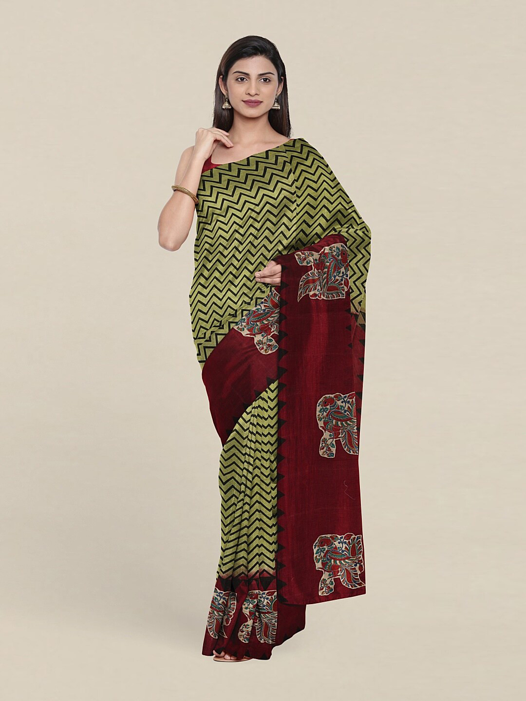 

Pothys Green & Maroon Pure Cotton Geometric Printed Saree