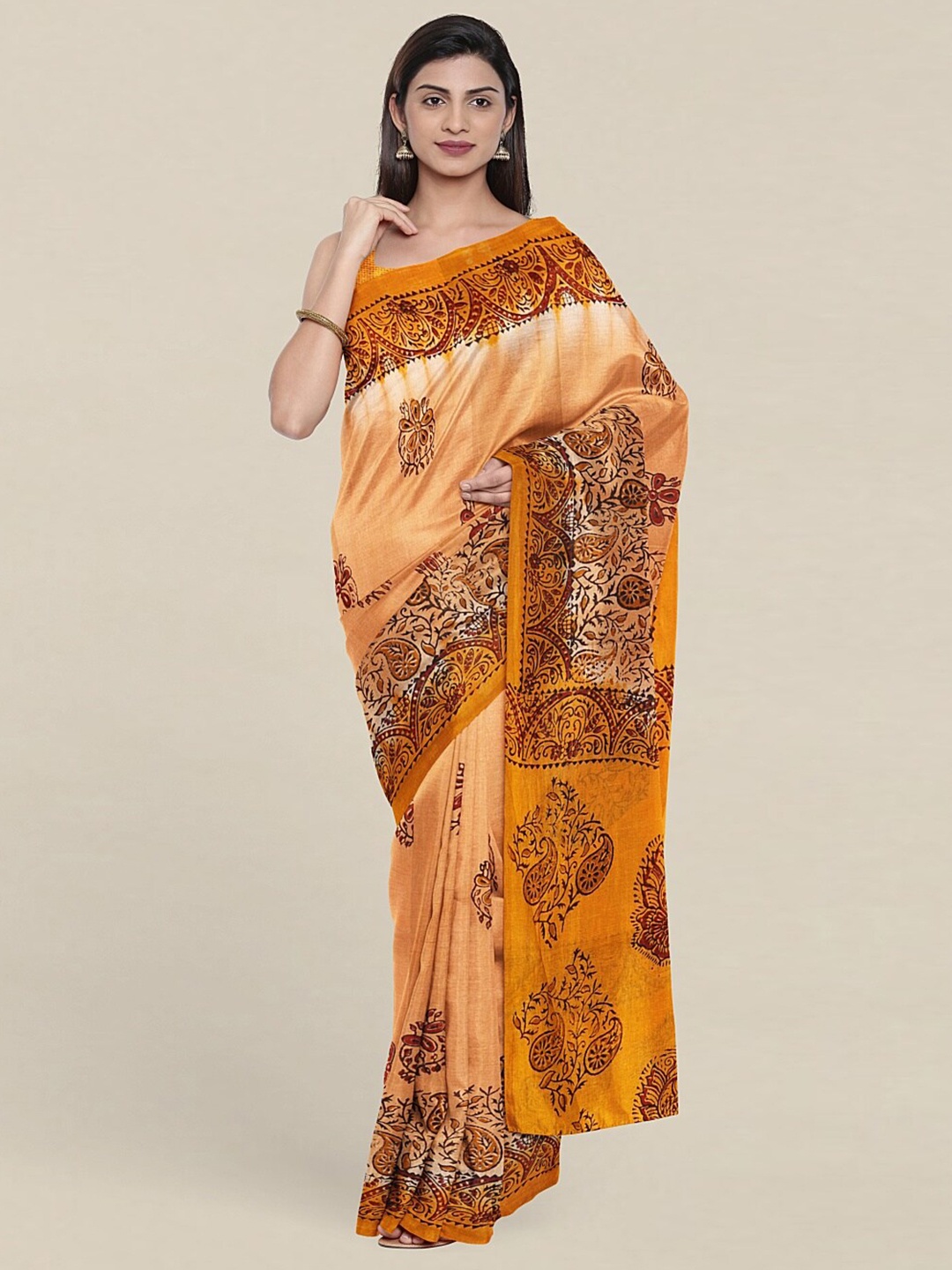 

Pothys Peach-Coloured & Orange Floral Pure Cotton Saree
