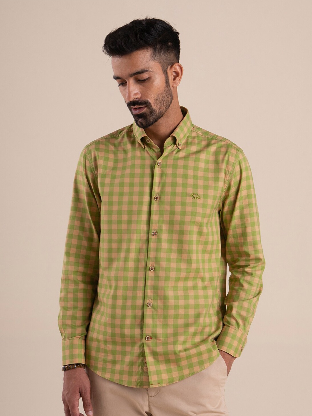 

Andamen Men Green & Peach-Coloured Buffalo Checked Cotton Casual Shirt