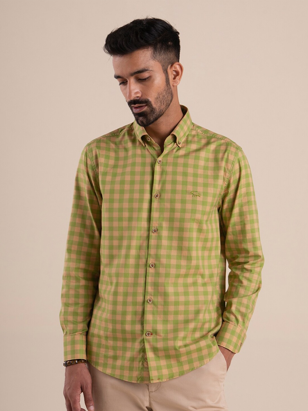 

Andamen Men Green Slim Fit Checked Cotton Casual Shirt