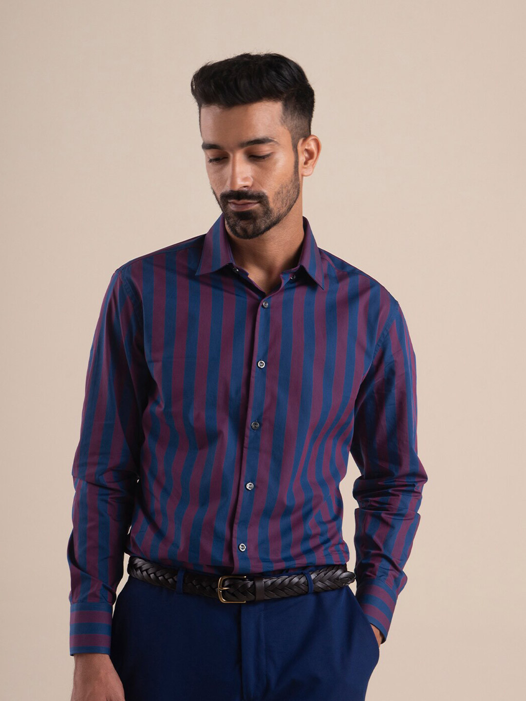 

Andamen Men Blue & Purple Striped Cotton Casual Shirt