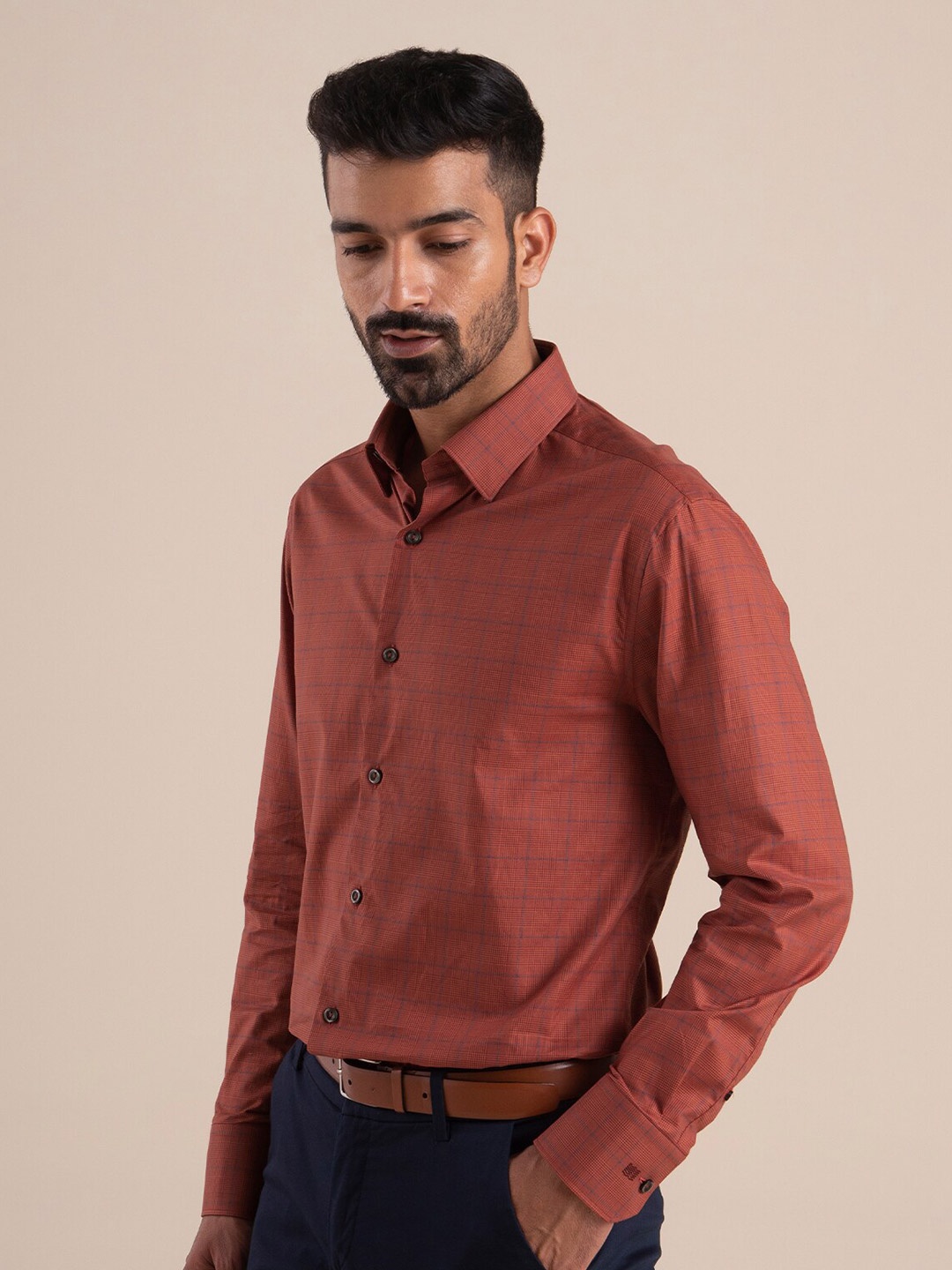 

Andamen Men Rust Checked Cotton Formal Shirt