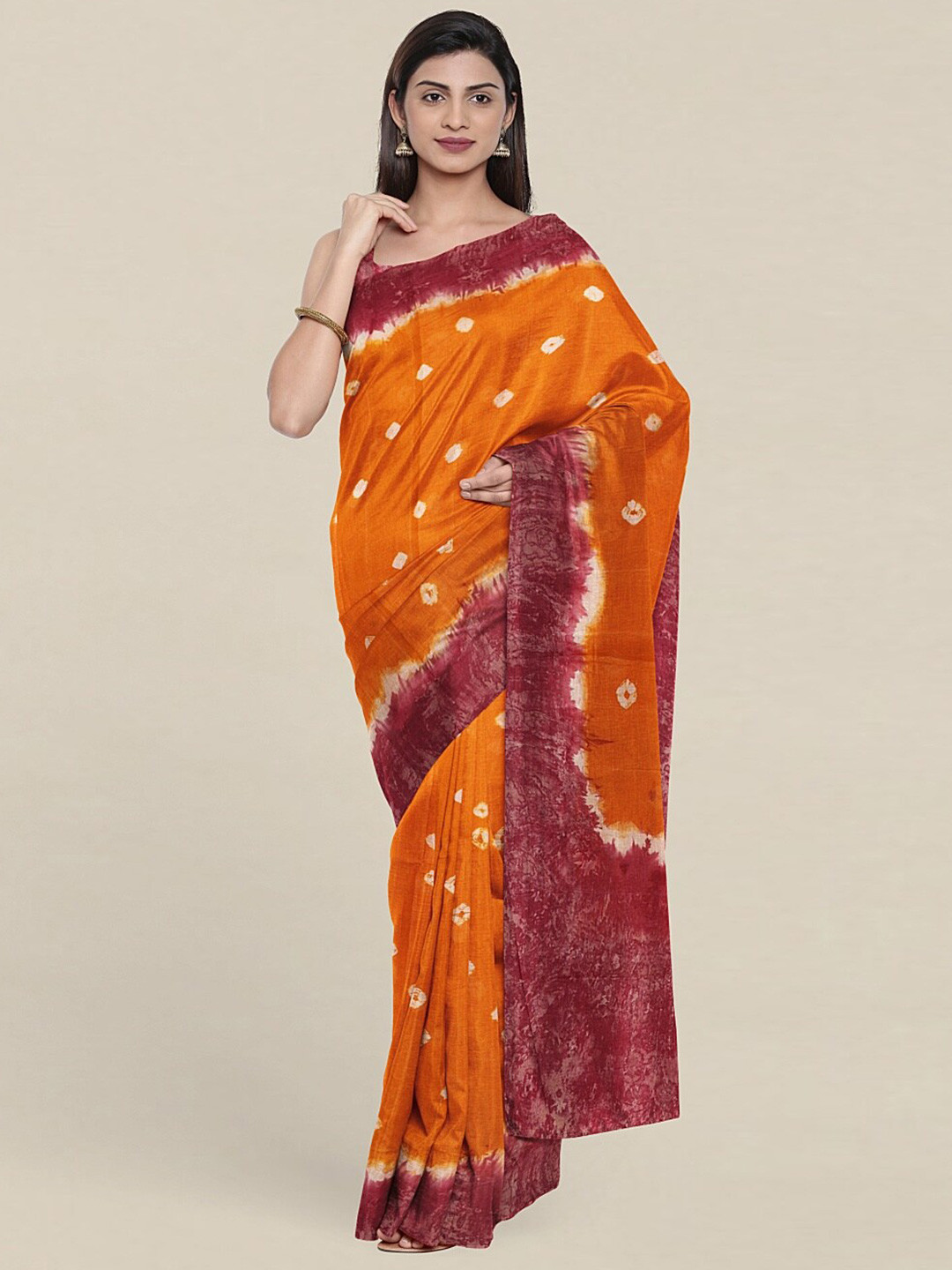

Pothys Orange & Pink Bandhani Pure Cotton Saree