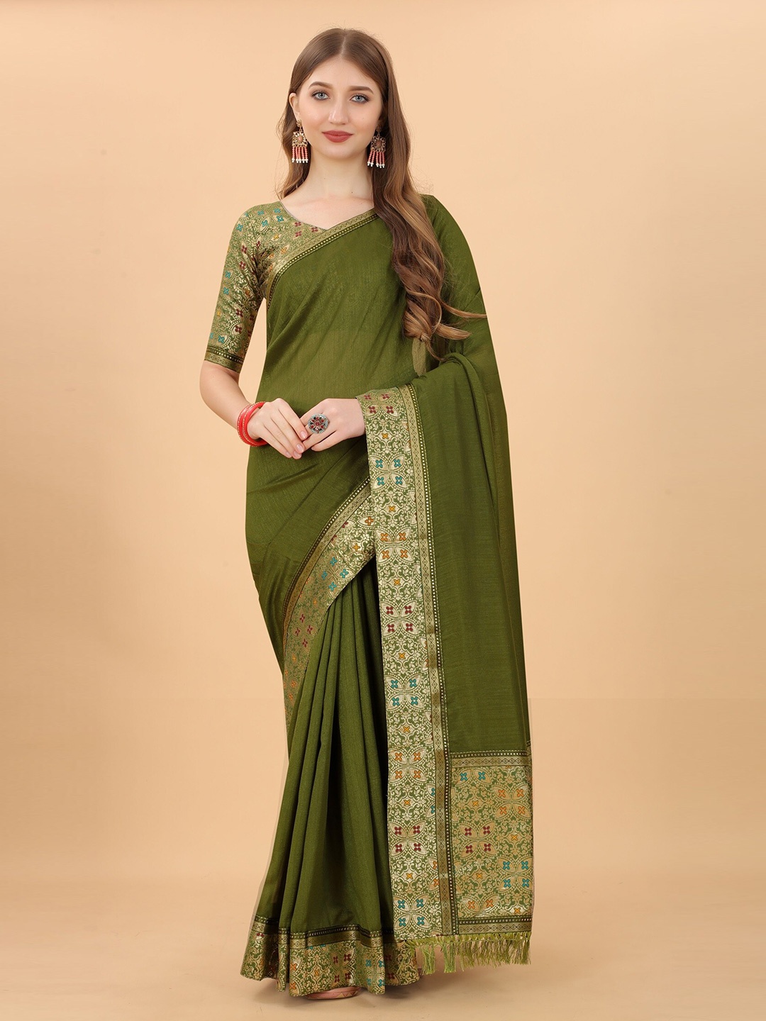 

KALINI Sea Green & Red Zari Pure Silk Saree