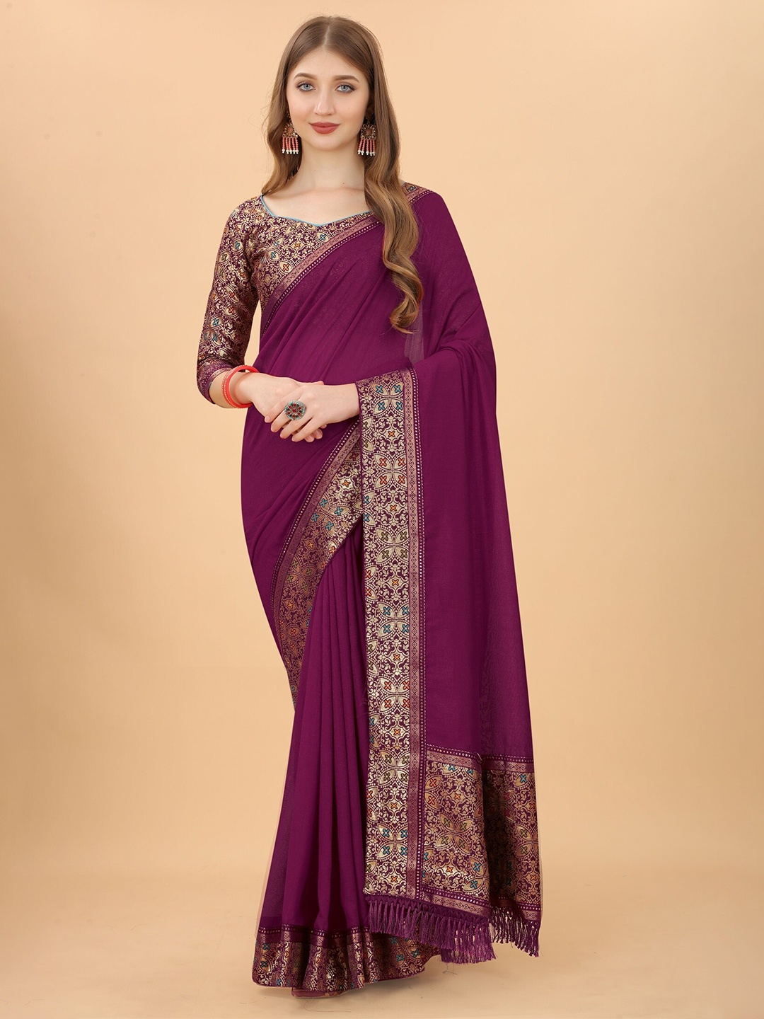 

KALINI Purple & Red Pure Silk Saree