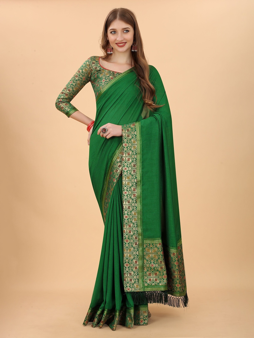 

KALINI Green & Red Pure Silk Saree